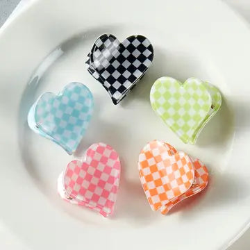 Checkered Heart Assorted Color Claw Hair Clip Set