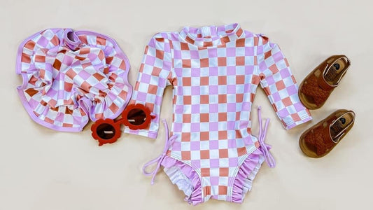 Checkered Swimsuit  & Hat Set