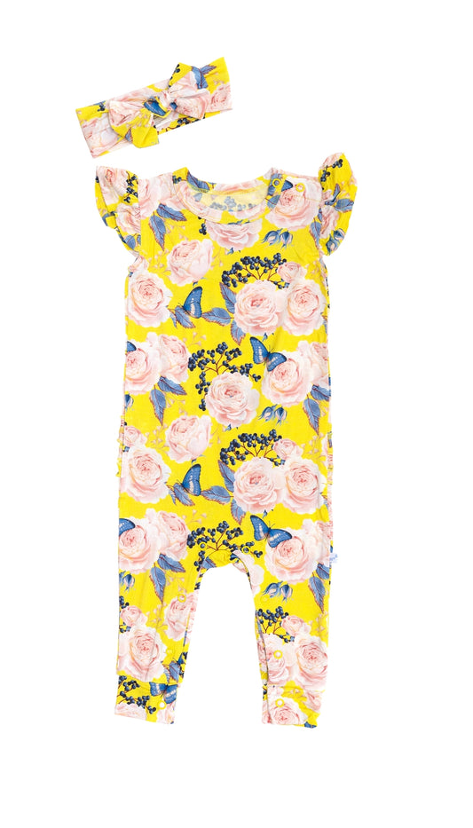 Floral Butterfly Flutter Sleeve Ruffled Romper & Bow Set