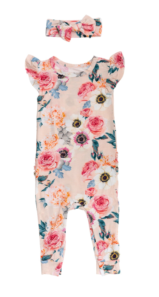 Peony Flutter Sleeve Ruffled Romper & Bow Set