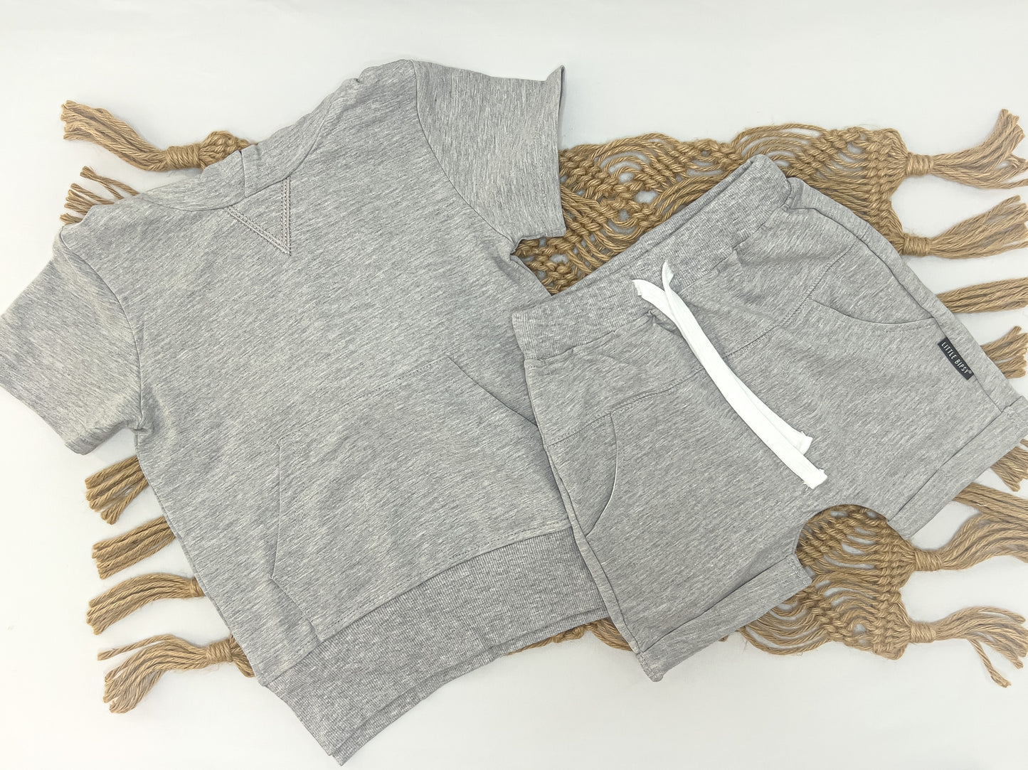 Gray Hooded Short Sleeve Sweatshirt Set